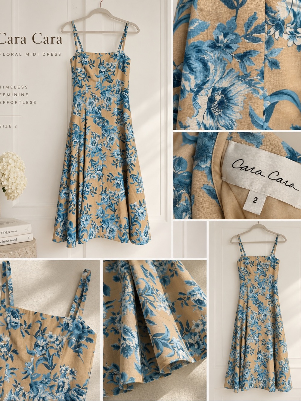Cara Cara Blue Floral Linen Midi Dress Size 2